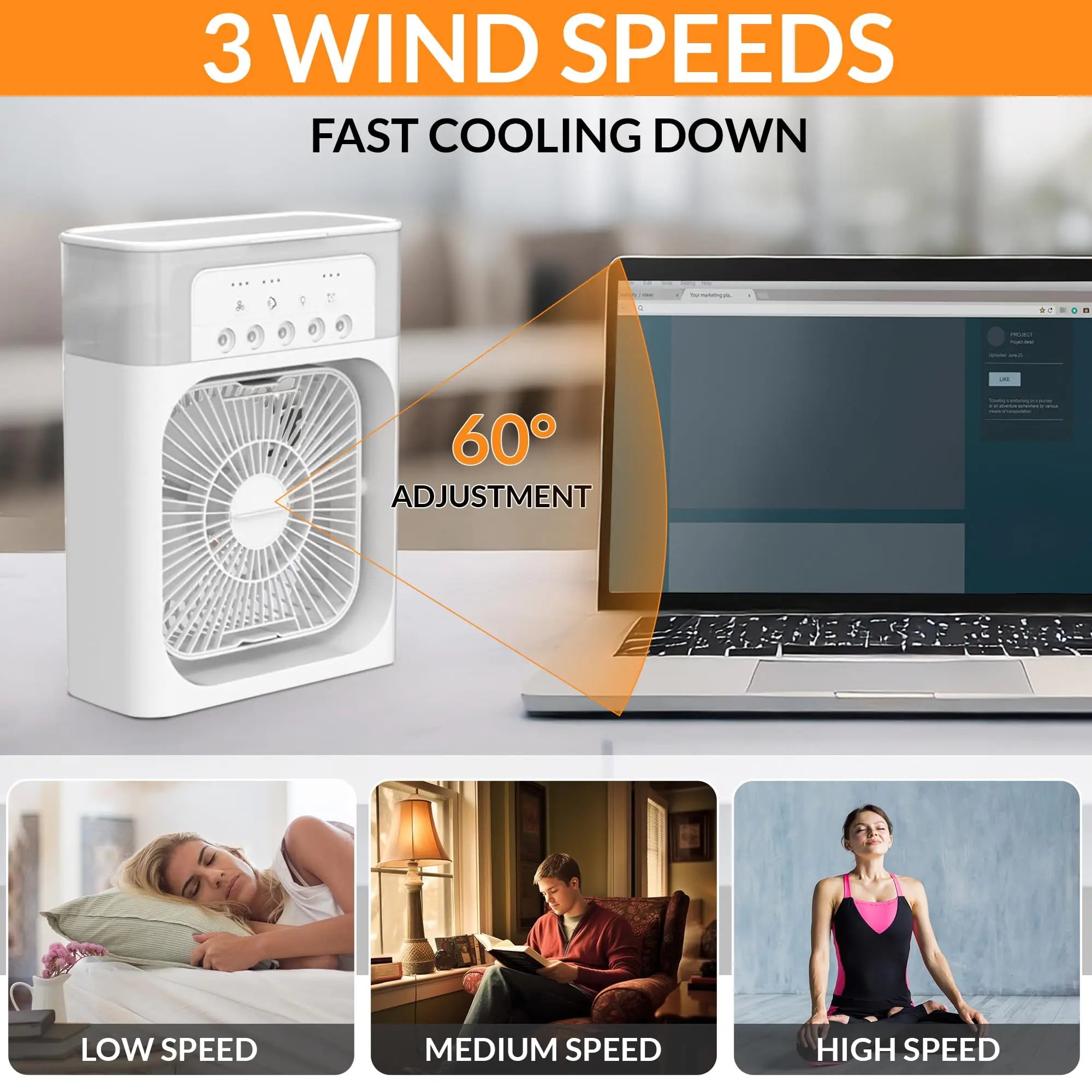 Portable Ice Fan Air Cooler with Water, 3 in 1 Mist Mini Evaporative Cooling Fan with LED for Home Office Bedroom and Desktop