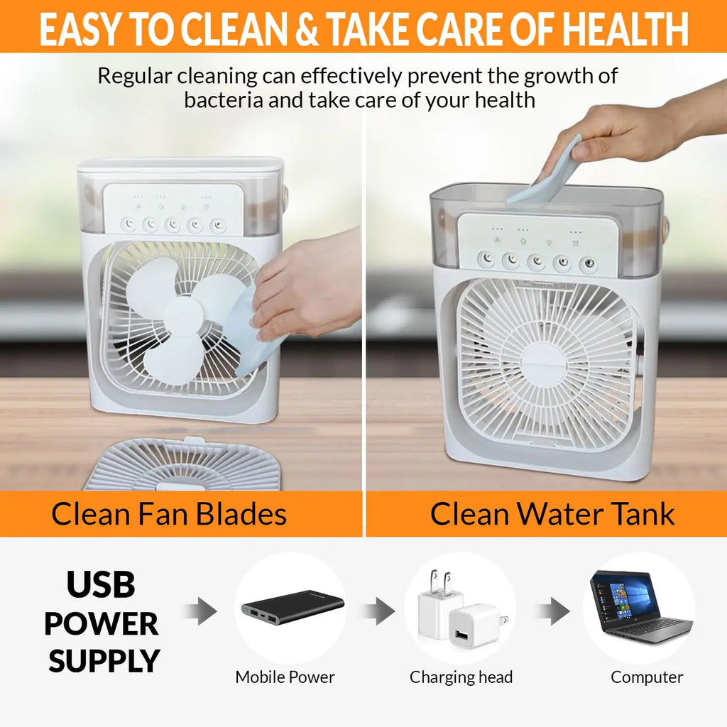 Portable Ice Fan Air Cooler with Water, 3 in 1 Mist Mini Evaporative Cooling Fan with LED for Home Office Bedroom and Desktop